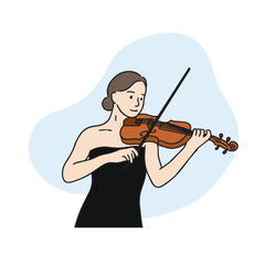 Illustration of a violinist playing the violin in a black dress. Vector elements related to hand-drawn music