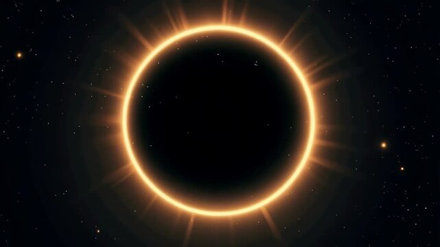 A dramatic, glowing golden corona encircles a dark central void against a speckled black background, evoking a solar eclipse or celestial portal
