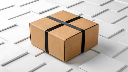 Fototapeta premium Small cardboard shipping box centered on a white seamless background. The sharp contrast of the black tape against the textured brown carton box.