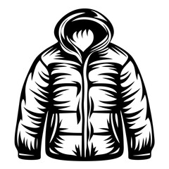 Black and white vintage style hooded puffer jacket illustration