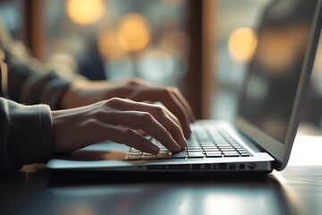 Closeup hands typing on laptop in coffee shop
