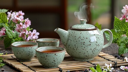 Tea set with steaming tea, blossoms, and herbs