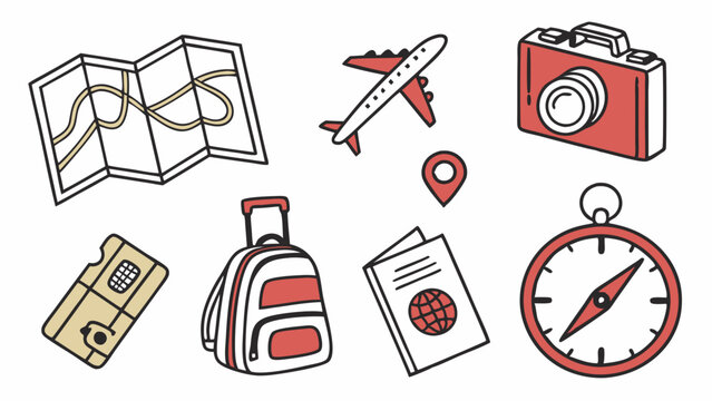 Travel icons set map airplane camera passport luggage ticket compass doodle outline illustration collection