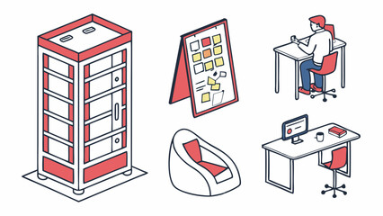 Clean Isometric Illustration of Modern Business Office Workplace Elements Furniture Objects Desk Chair Computer Planning Set