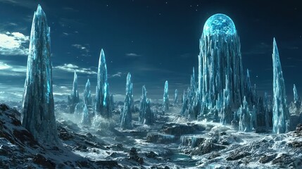 Frozen alien landscape under a glowing blue moon.  Sharp, icy spires pierce a night sky, scattered across a snowy, desolate plain