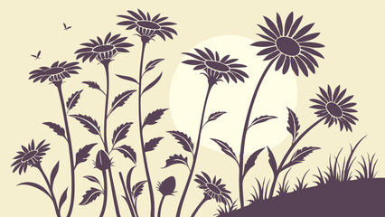 Wildflowers Silhouette Against Sunset Sky Nature Background with Sun Birds and Grass Peaceful Floral Scene Illustration