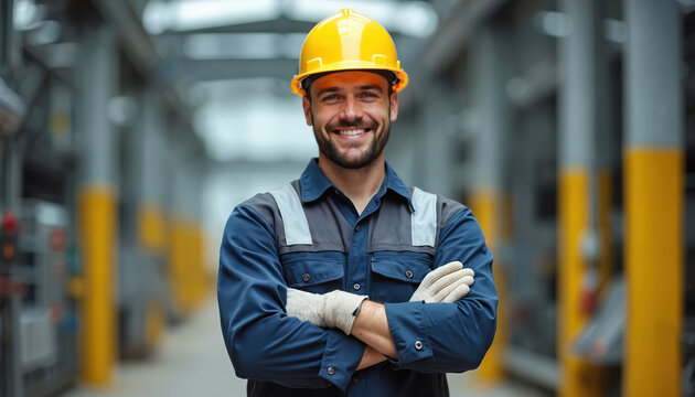 Smiling electrician in work uniform with arms crossed at industrial facility. Man wears safety helmet gloves. Portrait of professional worker at power plant, substation. Electrical engineer, energy
