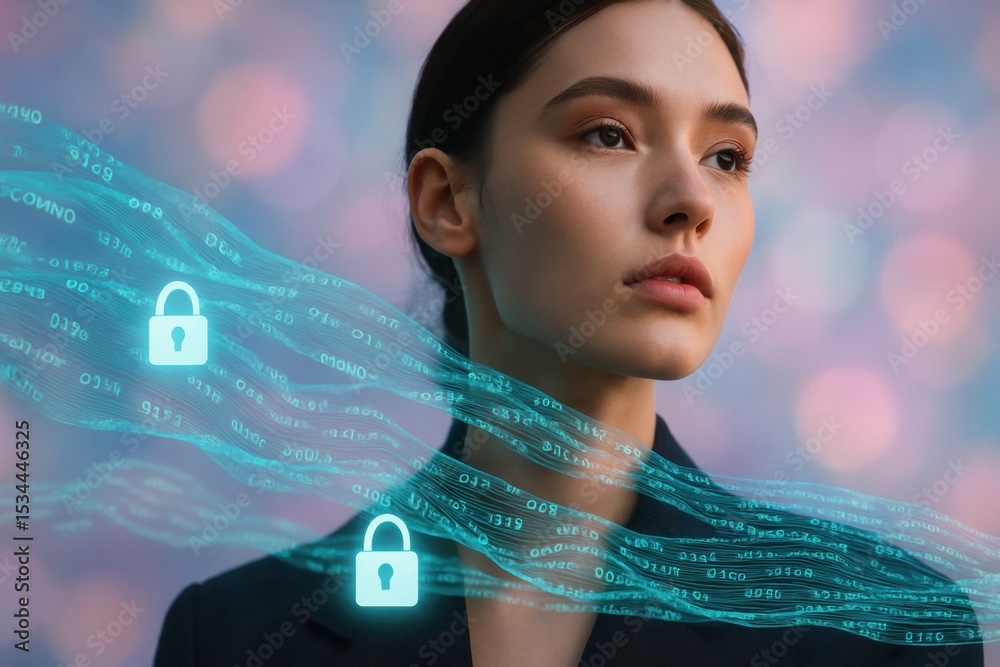 Poster a thoughtful woman surrounded by digital security symbols and data streams