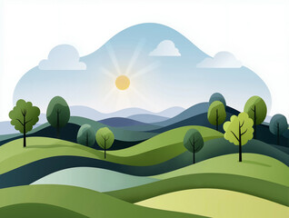 Minimalist Rolling Green Hills with Pastel Sky - Simple Summer Landscape Illustration
