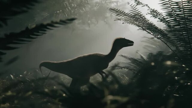 Silhouetted dinosaur form is surrounded by dark foliage An ancient world is suggested by ferns trees and overall mysterious dimness An extinct creature