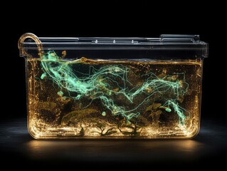 A transparent container filled with a glowing liquid, showcasing swirling patterns and small aquatic plants. The background is dark, enhancing the luminous effect.