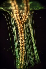 Close-up of a jellyfish with long, flowing tentacles. The tentacles are golden and green, creating a striking contrast against a dark background.