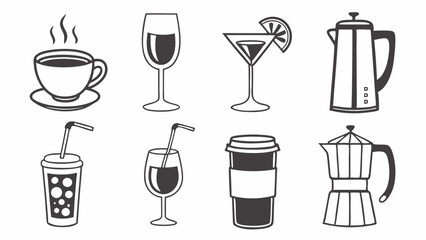 Set of simple flat line art drink and beverage icons collection coffee wine cocktail cup glass kettle pot symbols illustration design