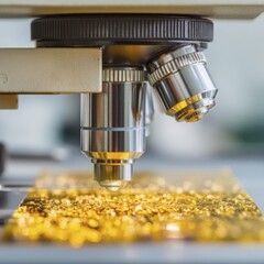 A close-up view of a microscope lens focused on a shiny, golden surface. The scene highlights scientific research and exploration in a laboratory setting.