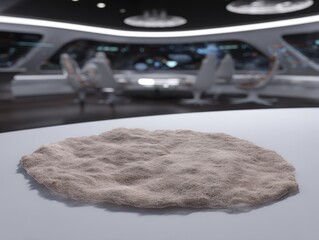 Round beige rug on white floor in modern room with futuristic chairs and circular ceiling lights.