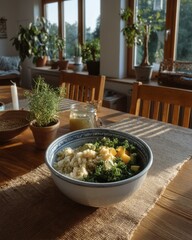 A healthy salad bowl filled with greens, grains, and colorful vegetables sits on a wooden dining table. Sunlight streams through large windows, illuminating the scene.