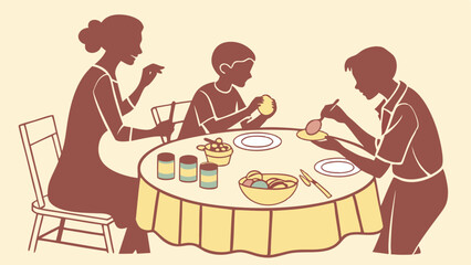 Simple Family Eating Dinner Meal Together Illustration Vector
