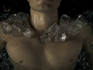 Close-up of a shirtless young Caucasian man with short hair lying with ice cubes on his chest and shoulders.