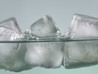 Ice cubes floating in water, creating bubbles and reflections. The scene captures the clarity and texture of the ice in a simple, clean composition.