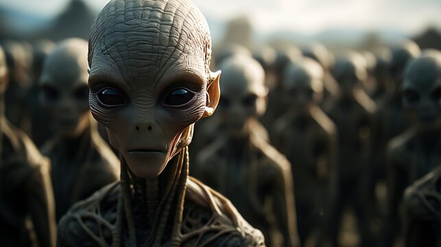 War Concept. Group of alien soldiers in a row. UFO. Humanoid. Alien. Sci Fi Concept With Copy Space.