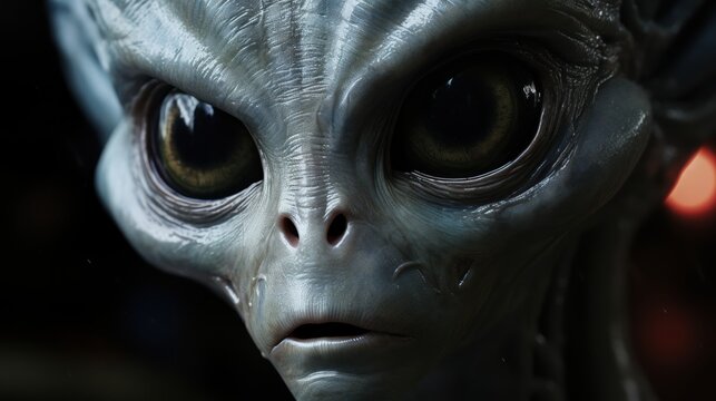 Close up of the face of an alien on a dark background. Humanoid. Alien. Sci Fi Concept With Copy Space.