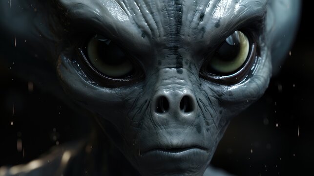 Close-up of a creepy alien looking at the camera. UFO. Humanoid. Alien. Sci Fi Concept With Copy Space.