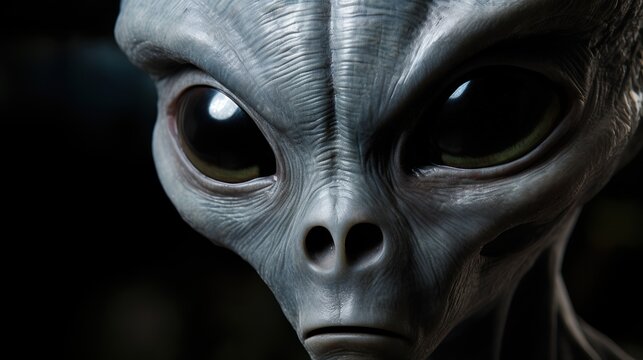 Close-up portrait of an alien creature with big eyes. UFO. Humanoid. Alien. Sci Fi Concept With Copy Space.