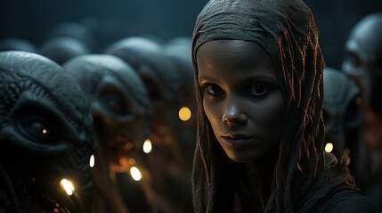 Fantasy scene of a female alien in the dark. UFO. Humanoid. Alien. Sci Fi Concept With Copy Space.