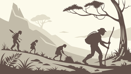 Sepia Silhouette Illustration of a Group of People Trekking Uphill Through a Hilly Landscape Journey