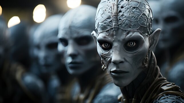 Close-up portrait of an alien in a dark room. Humanoid. Alien. Sci Fi Concept With Copy Space.