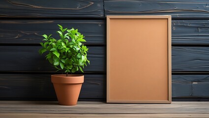 Blank Canvas Frame with Potted Plant on Wooden Background Mockup