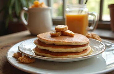 Delicious breakfast setup with pancakes topped with banana slices. Stacked pancakes on white plate with syrup. Fresh orange juice and nuts. Tasty morning meal food. Healthy brunch.