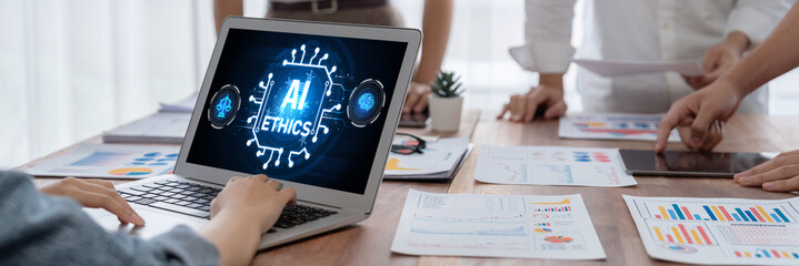 AI ethics responsibility standard law and rules on computer screen provide report of AI ethic...