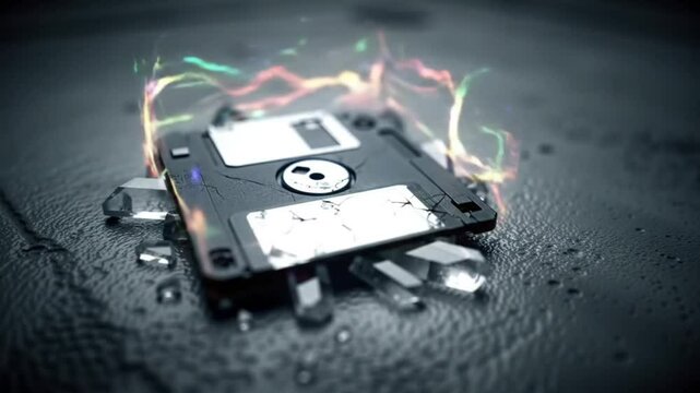 Burning Floppy Disk Data Loss, Retro Tech, Digital Fire, Colorful Flames