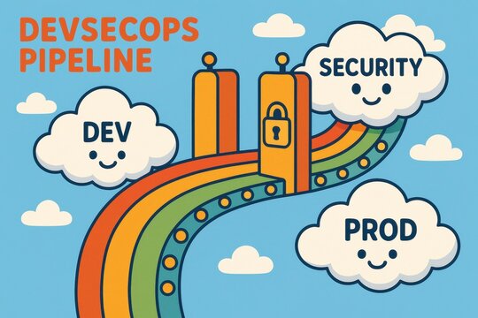 Illustration of a DevSecOps Pipeline Featuring Development, Security, and Production Stages with a Colorful Rainbow Path