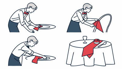 Professional restaurant waiter cleaning plate and chair setting table with red cloth hospitality service illustration