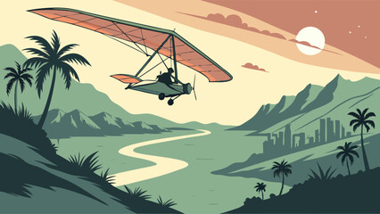 Motorized Hang Glider Flying Over Tropical River, Mountains, Palm Trees at Sunset - Stylized Illustration