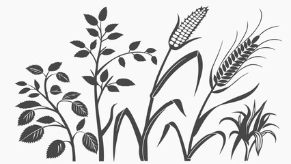 Naklejka premium Black and White Silhouette Illustration of Diverse Agricultural Crops and Farm Plants