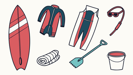 Colorful flat vector illustration of beach and water sports gear including surfboard wetsuits towel shovel bucket sunglasses