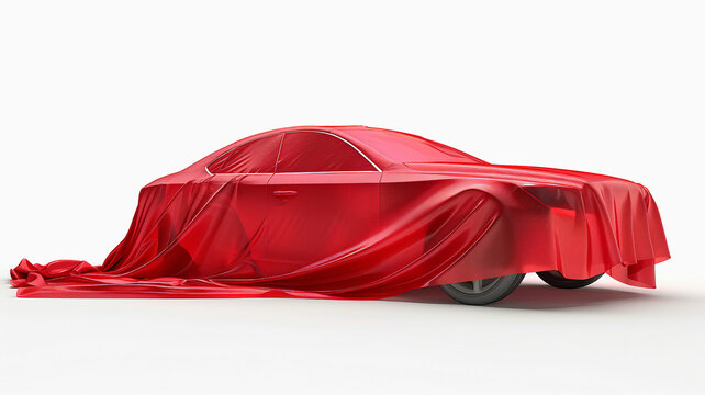 Car under cover, sheet, cloth, unveiling event. Car red silk cover. Secret car, car surprise new model flowing red fabric 