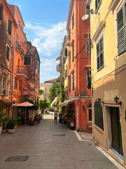 Beautiful street, buildings, parks, windows architecture in city of Corfu, Greece