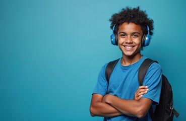 Happy hispanic student wearing blue headphones, backpack. Young guy smiling, looking at camera. Isolated on blue background. Front view portrait. Perfect for education, social media, advertising,
