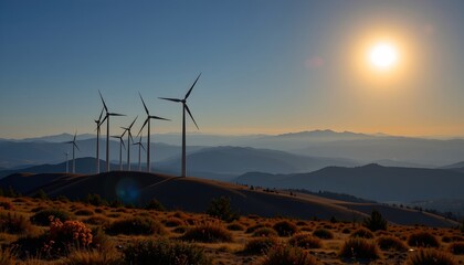 Obraz premium an expansive wind farm against the backdrop of a clear sky. the solar panels are arranged in rows, with a central pathway leading towards them