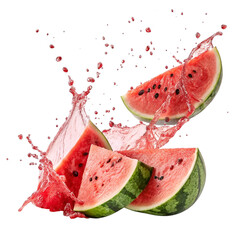 Exploding Watermelon Slices with Juice Splash Isolated on White Background