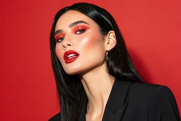 Elegant Woman with Bold Red Makeup and Sleek Hair in Stylish Black Blazer on Red Background