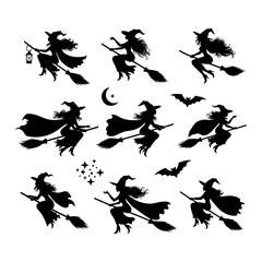 Halloween Witch Silhouettes Collection – Flying Standing and Spellcasting Poses.
