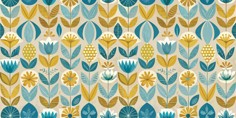 Colorful floral pattern with teal and mustard tones, ideal for vintage design projects.