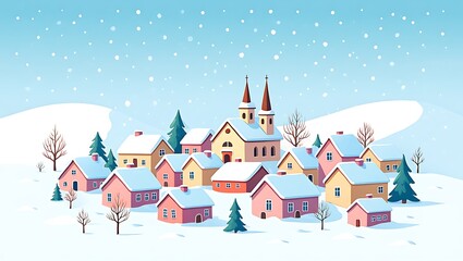 Winter village scene with snow falling on cozy homes and church