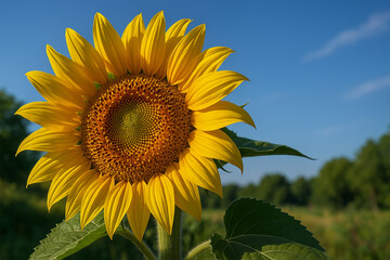 Fototapeta premium Detailed view of a sunflower in full bloom under natural sunlight, symbolizing warmth, growth, and nature.