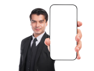 Confident businessman in black suit showing smartphone with blank screen towards camera, promoting app or digital content, isolated on a transparent background, close-up hand focus